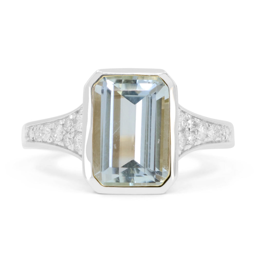Beautiful Hand Crafted 14K White Gold 7X10MM Aquamarine And Diamond Essentials Collection Ring