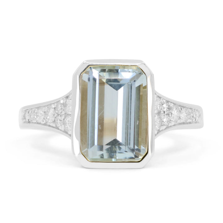 Beautiful Hand Crafted 14K White Gold 7X10MM Aquamarine And Diamond Essentials Collection Ring