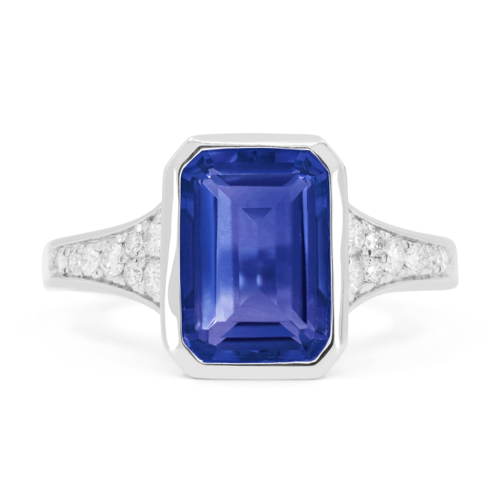 Beautiful Hand Crafted 14K White Gold 7X10MM Created Sapphire And Diamond Essentials Collection Ring