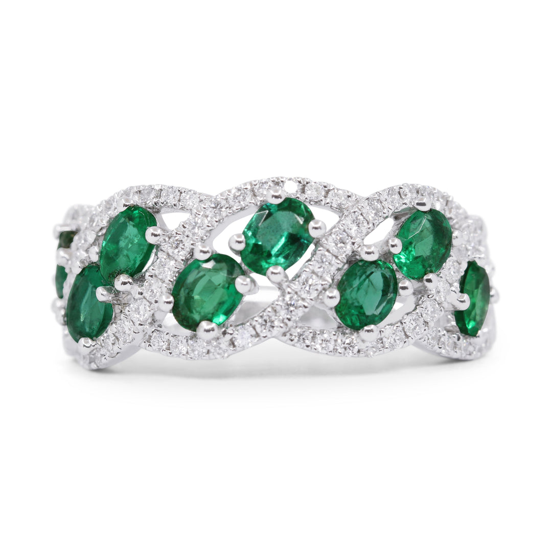 Beautiful Hand Crafted 18K White Gold  Emerald And Diamond Arianna Collection Ring