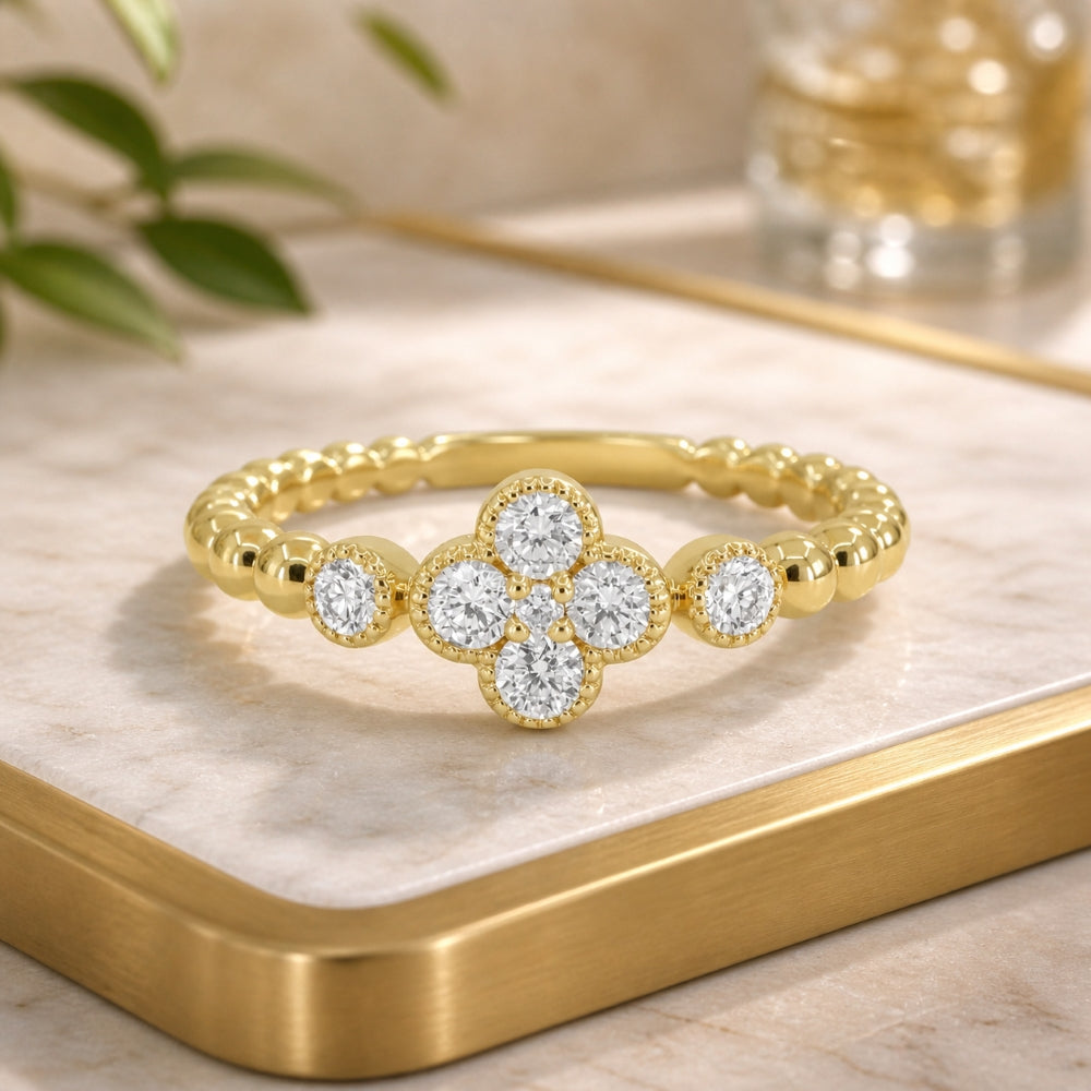 R1736 - 14K Yellow Gold Diamond Clover Ring