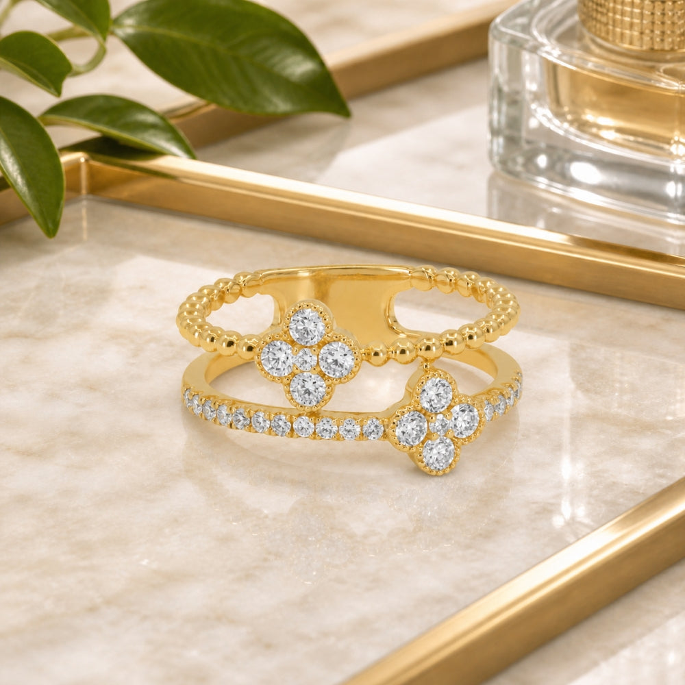 R1738 - 14K Yellow Gold Diamond Clover Ring