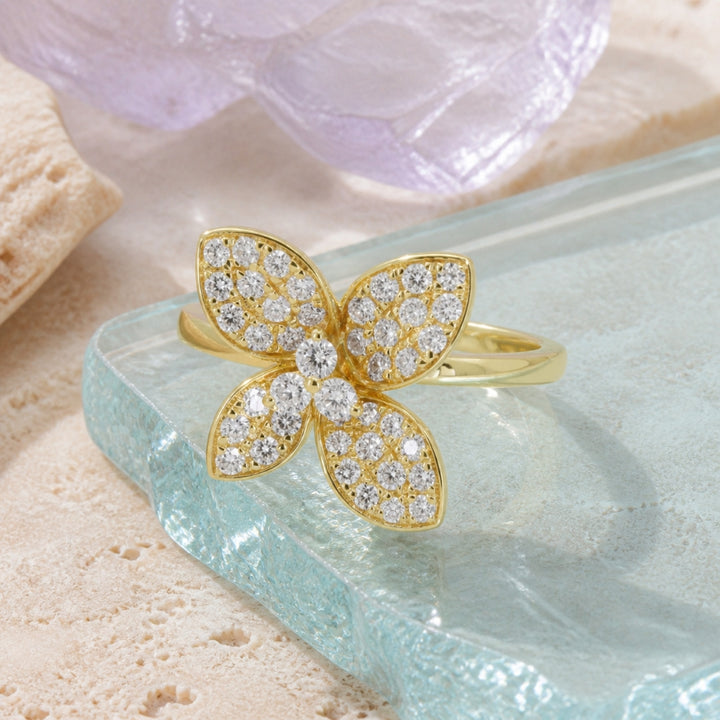 R1739 - 14K Yellow Gold Diamond Flower Ring