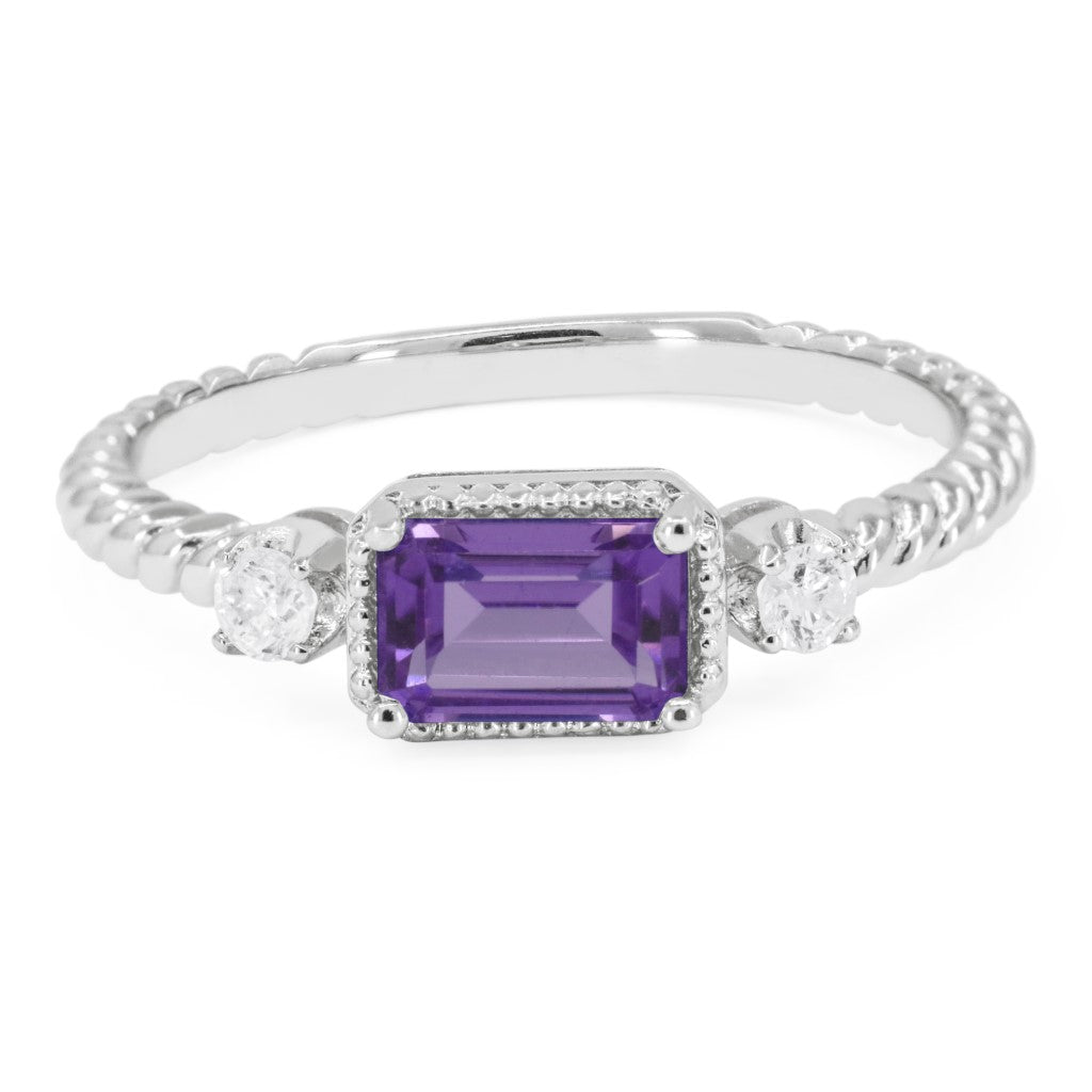 Beautiful Hand Crafted 14K White Gold 4X6MM Amethyst And Diamond Essentials Collection Ring