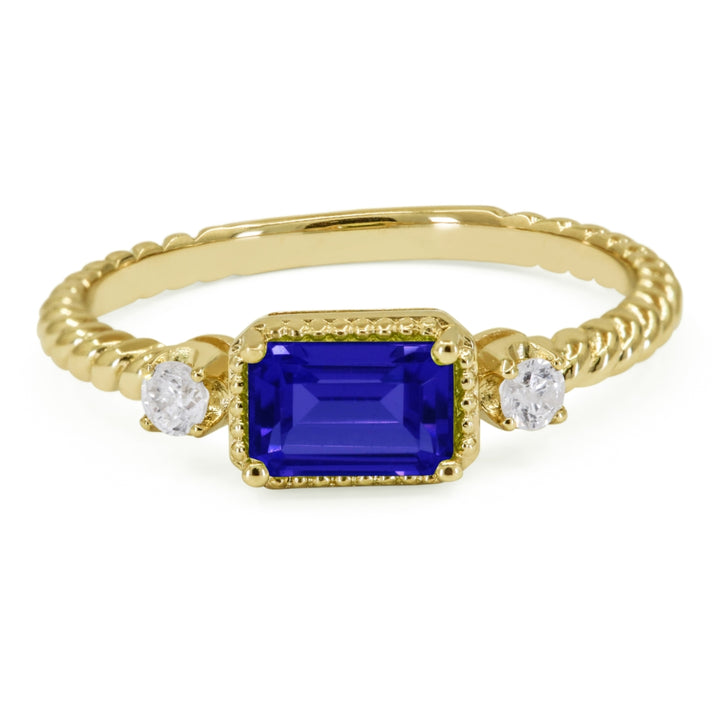 Beautiful Hand Crafted 14K Yellow Gold 4X6MM Created Sapphire And Diamond Essentials Collection Ring