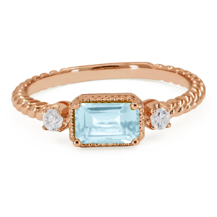 Beautiful Hand Crafted 14K Rose Gold 4X6MM Swiss Blue Topaz And Diamond Essentials Collection Ring