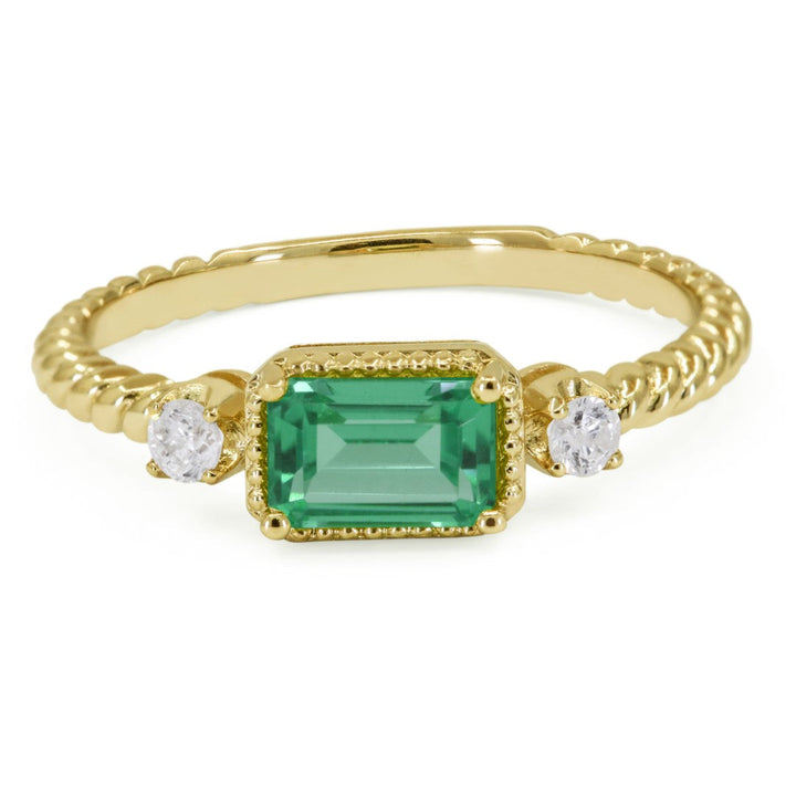 Beautiful Hand Crafted 14K Yellow Gold 4X6MM Created Emerald And Diamond Essentials Collection Ring