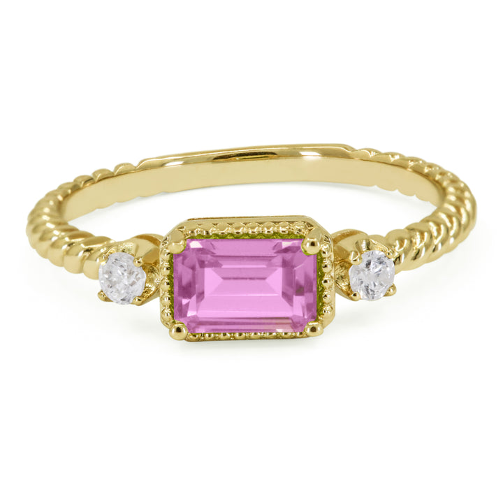 Beautiful Hand Crafted 14K Yellow Gold 4X6MM Created Pink Sapphire And Diamond Essentials Collection Ring