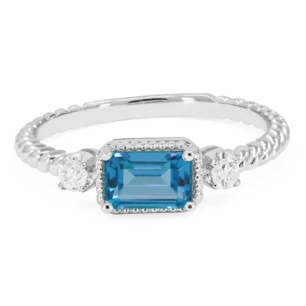 Beautiful Hand Crafted 14K White Gold 4X6MM Swiss Blue Topaz And Diamond Essentials Collection Ring