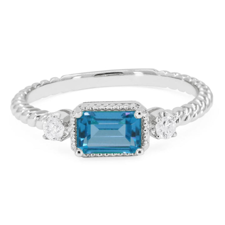 Beautiful Hand Crafted 14K White Gold 4X6MM Swiss Blue Topaz And Diamond Essentials Collection Ring