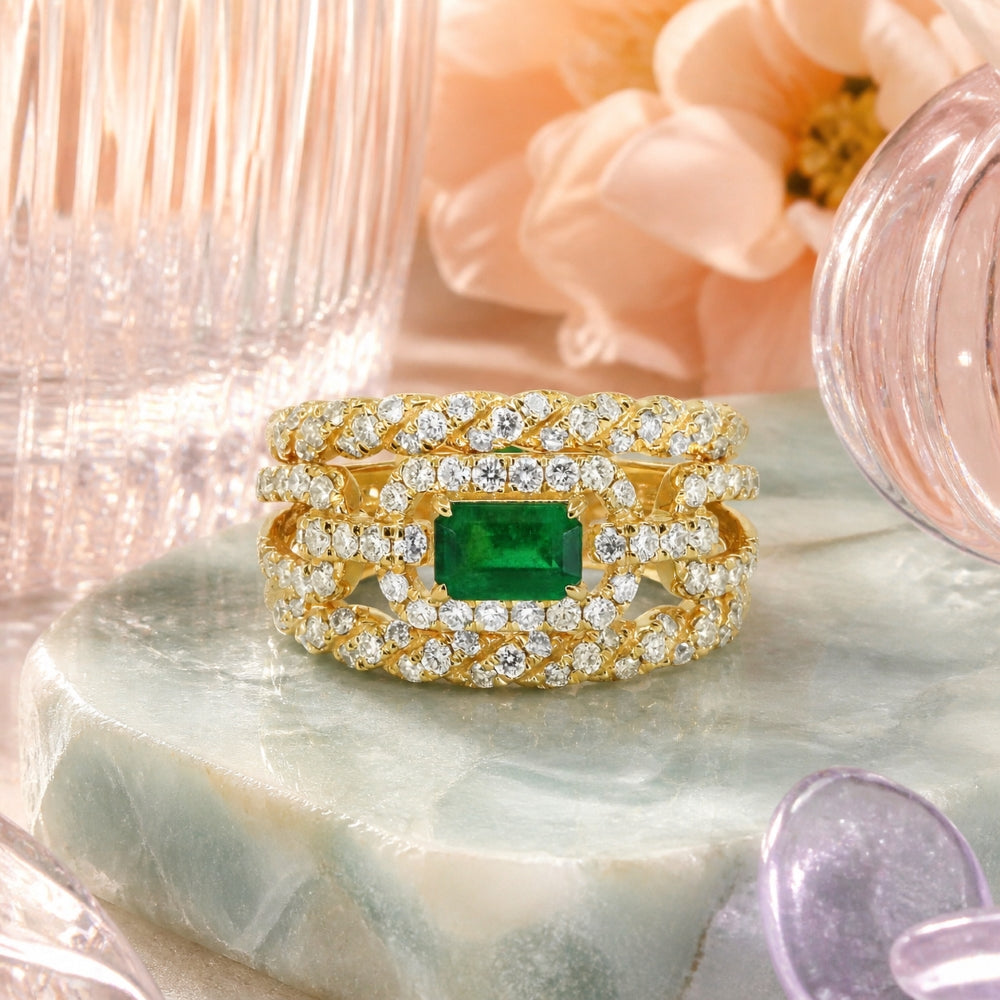 R1747 - 14K Yellow Gold Emerald, Ruby & Sapphire Cocktail Ring