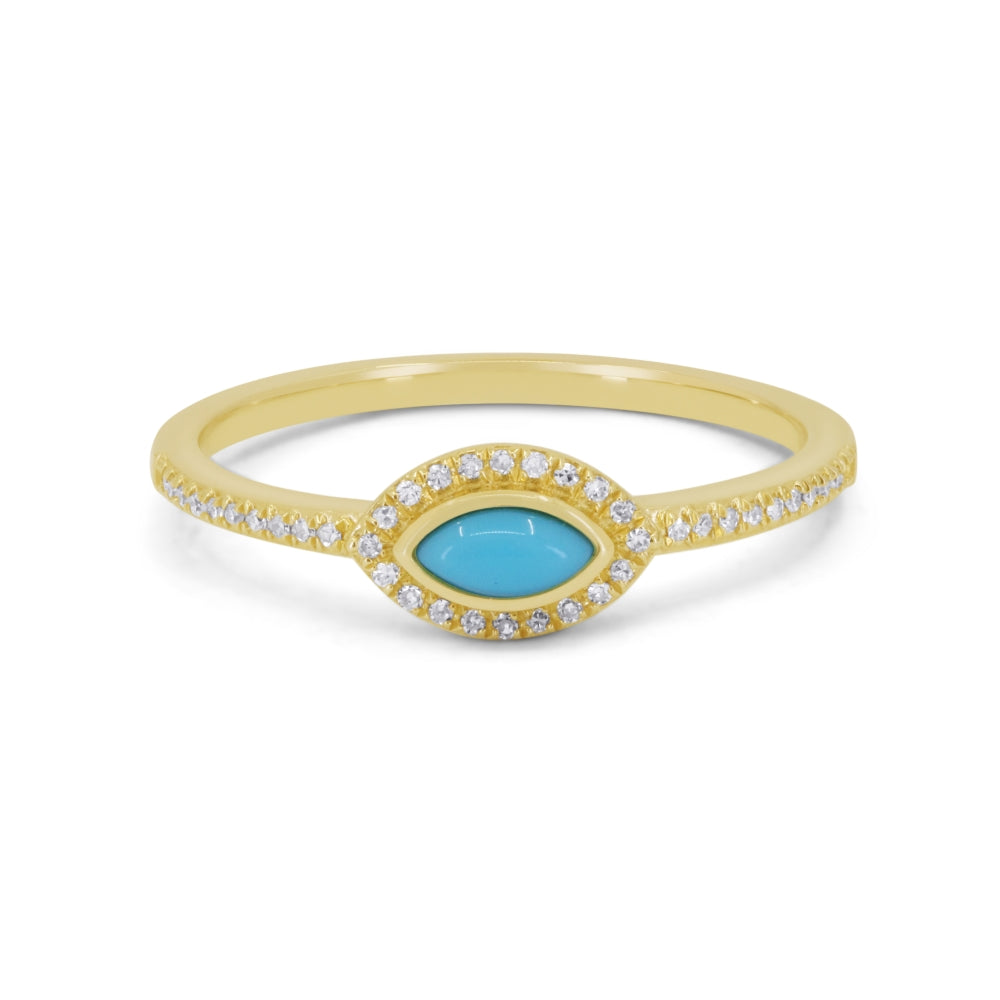 Beautiful Hand Crafted 14K Yellow Gold 3X5MM Turquoise And Diamond Essentials Collection Ring