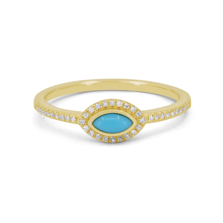 Beautiful Hand Crafted 14K Yellow Gold 3X5MM Turquoise And Diamond Essentials Collection Ring