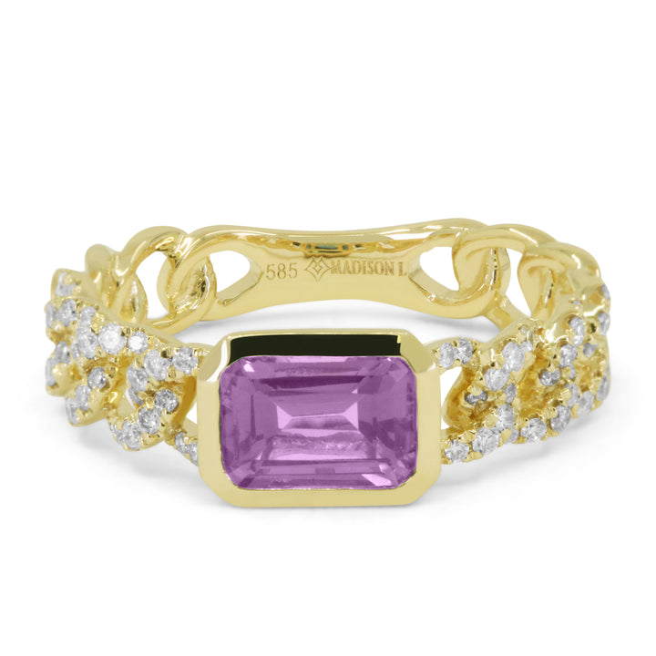 Beautiful Hand Crafted 14K Yellow Gold 5X7MM Amethyst And Diamond Essentials Collection Ring