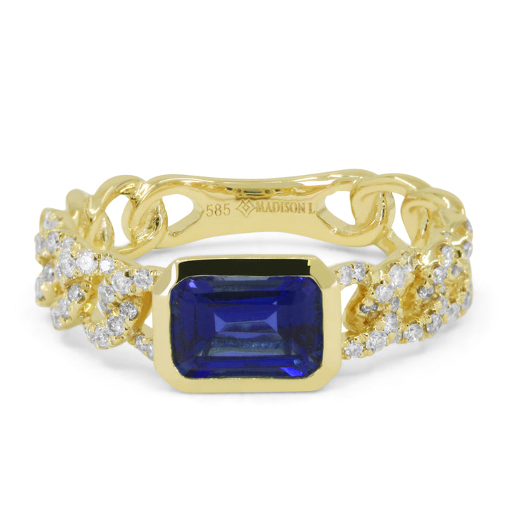 Beautiful Hand Crafted 14K Yellow Gold 5X7MM Created Sapphire And Diamond Essentials Collection Ring