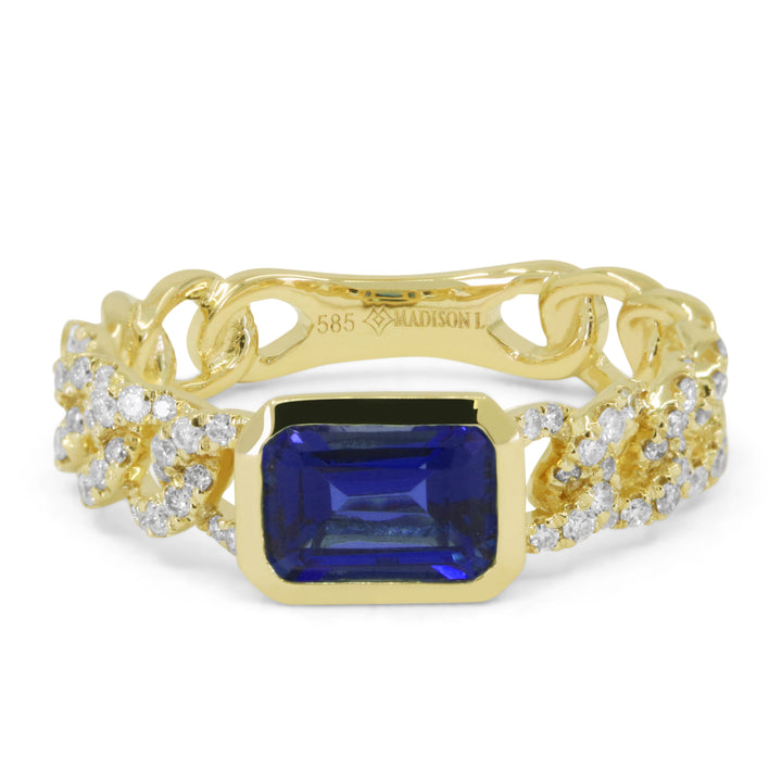 Beautiful Hand Crafted 14K Yellow Gold 5x7MM Created Sapphire And Diamond Essentials Collection Ring