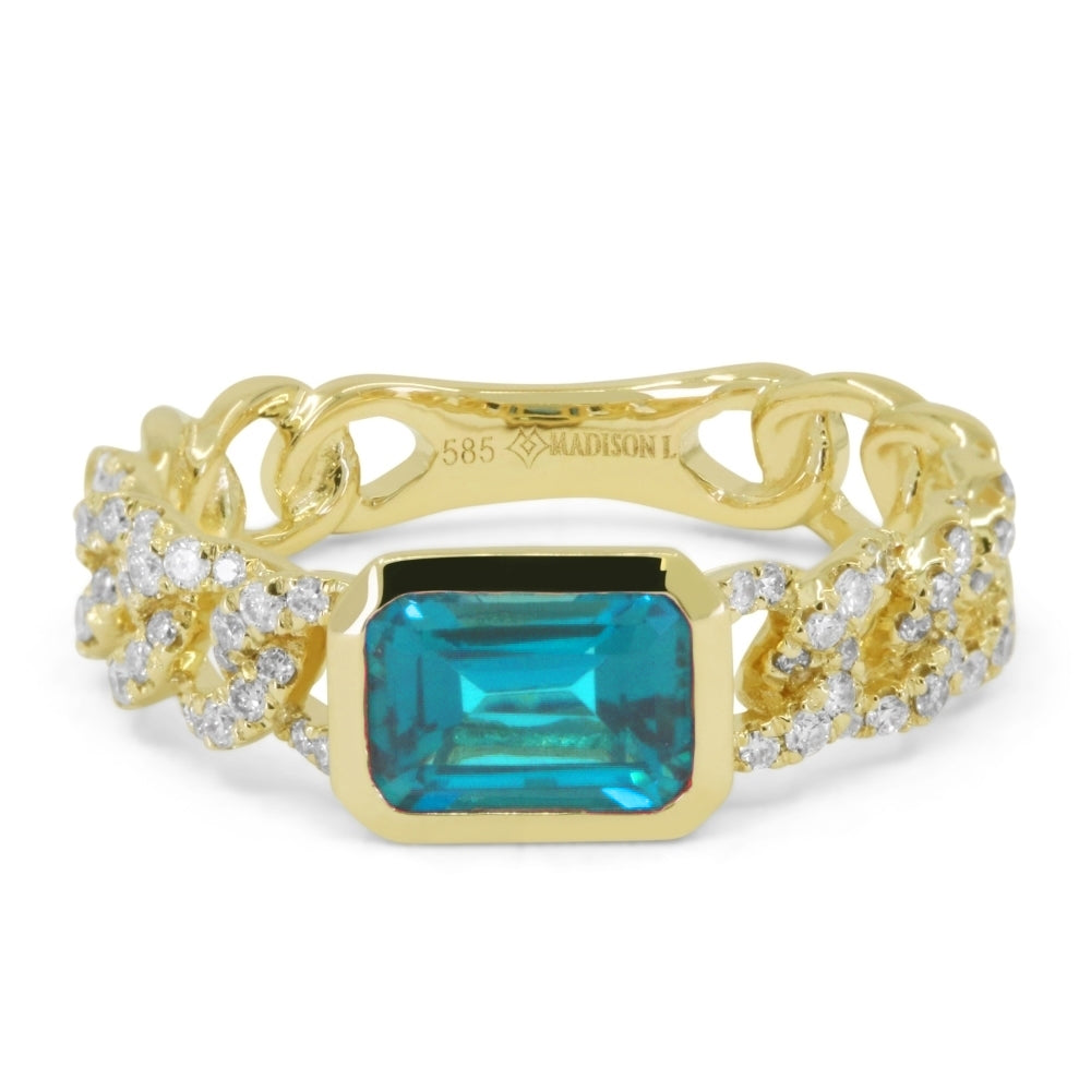 Beautiful Hand Crafted 14K Yellow Gold 5X7MM Created Tourmaline Paraiba And Diamond Essentials Collection Ring
