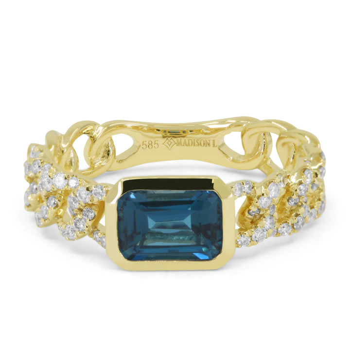 Beautiful Hand Crafted 14K Yellow Gold 5X7MM London Blue Topaz And Diamond Essentials Collection Ring