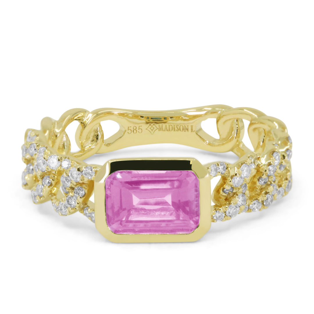 Beautiful Hand Crafted 14K Yellow Gold 5X7MM Created Pink Sapphire And Diamond Essentials Collection Ring