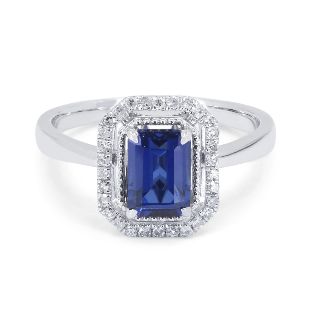Beautiful Hand Crafted 14K Yellow Gold 5X7MM Created Sapphire And Diamond Essentials Collection Ring