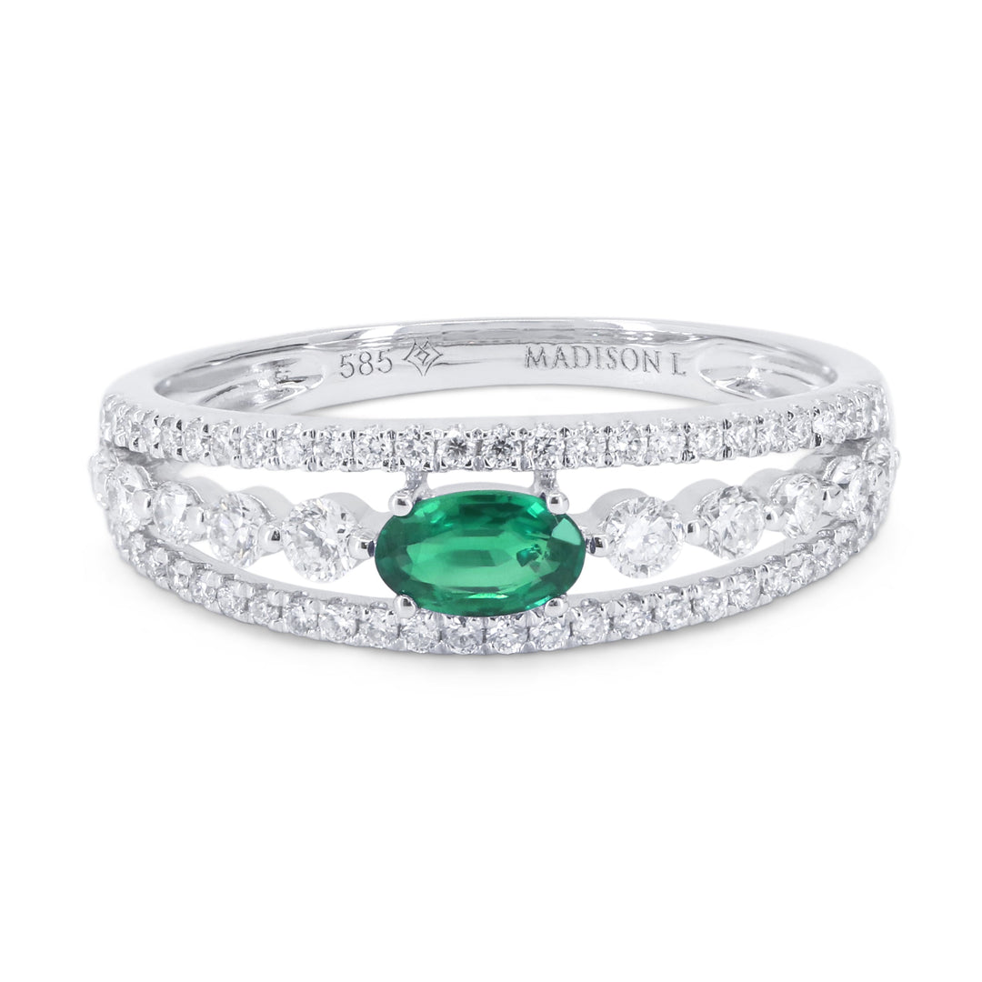 Beautiful Hand Crafted 14K White Gold 3X5MM Emerald And Diamond Arianna Collection Ring