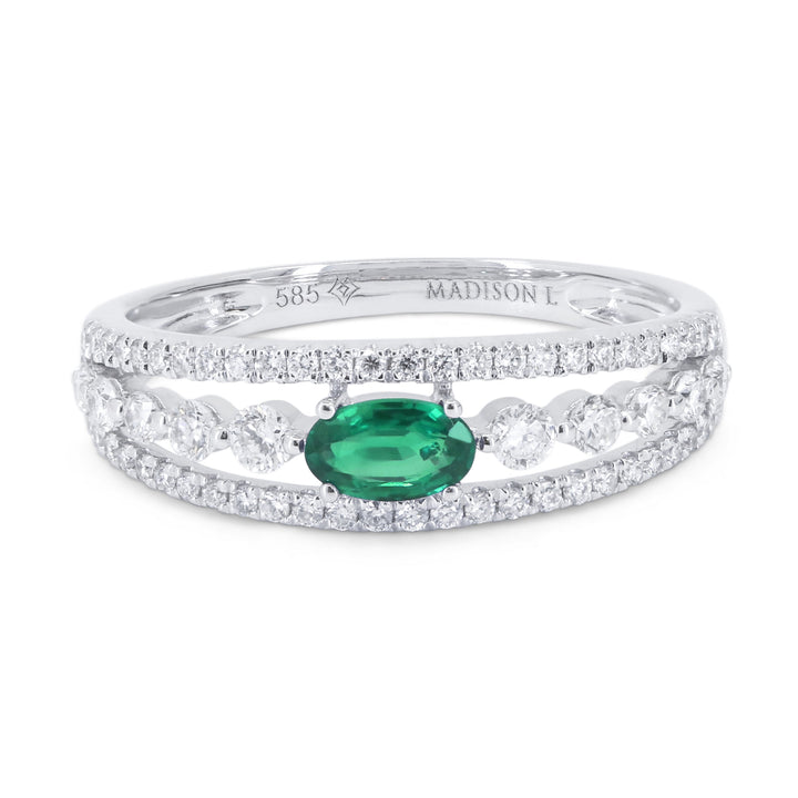 Beautiful Hand Crafted 14K White Gold 3X5MM Emerald And Diamond Arianna Collection Ring