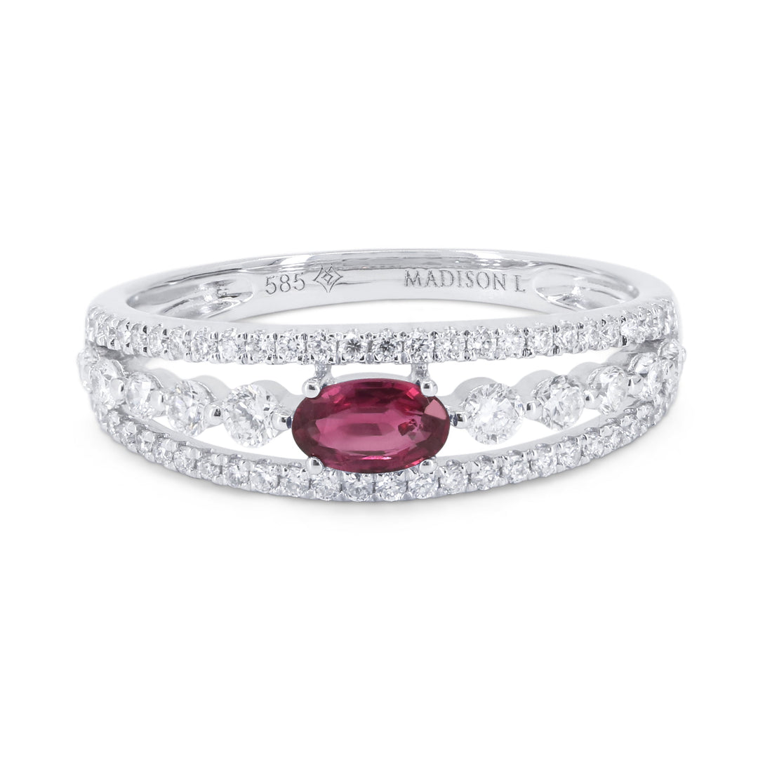 Beautiful Hand Crafted 14K White Gold 3X5MM Ruby And Diamond Arianna Collection Ring