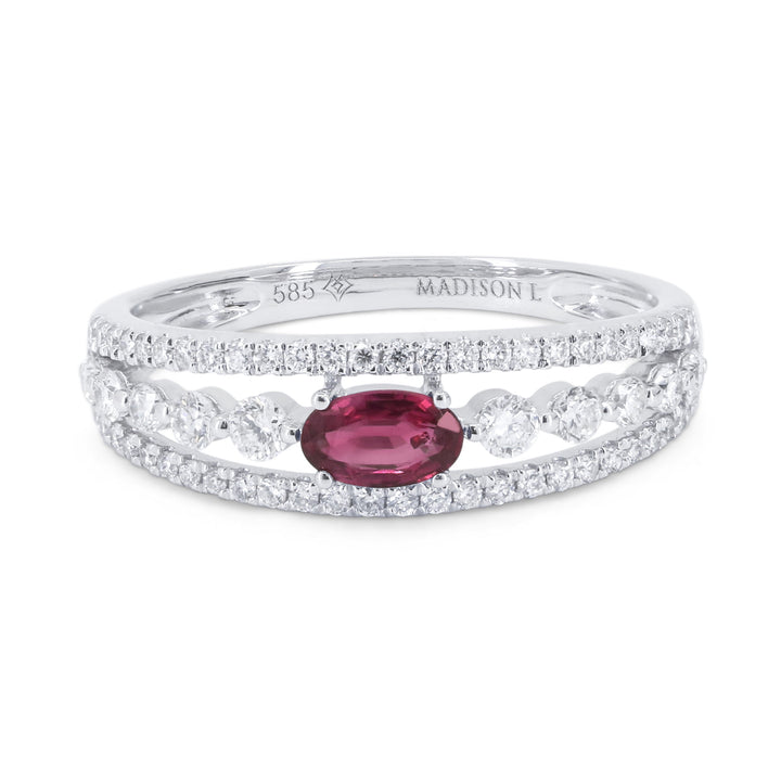 Beautiful Hand Crafted 14K White Gold 3X5MM Ruby And Diamond Arianna Collection Ring