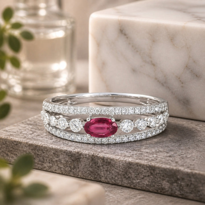 R1818 - 14K White Gold Emerald, Ruby & Sapphire Ring