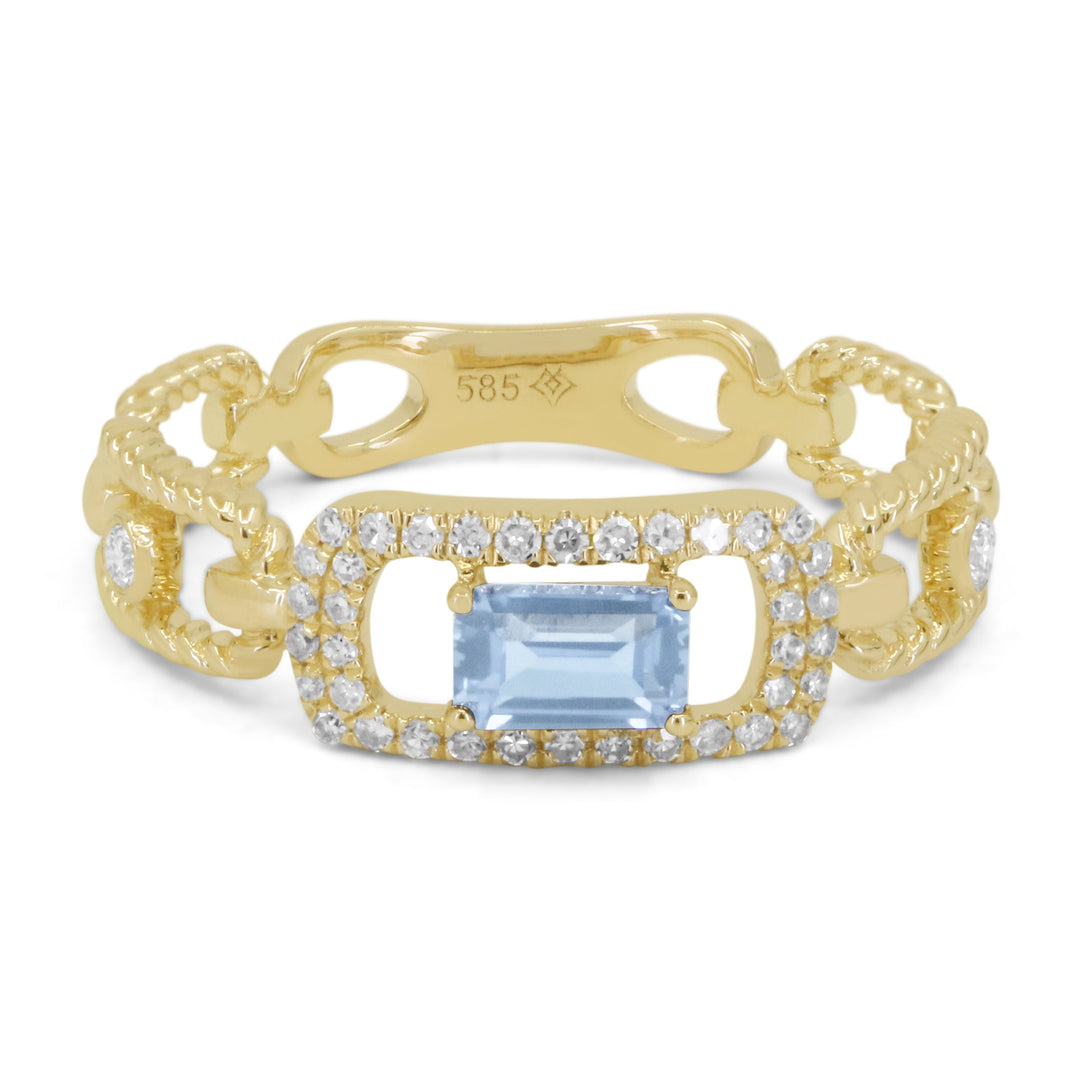 Beautiful Hand Crafted 14K Yellow Gold 3X5MM Blue Topaz And Diamond Essentials Collection Ring