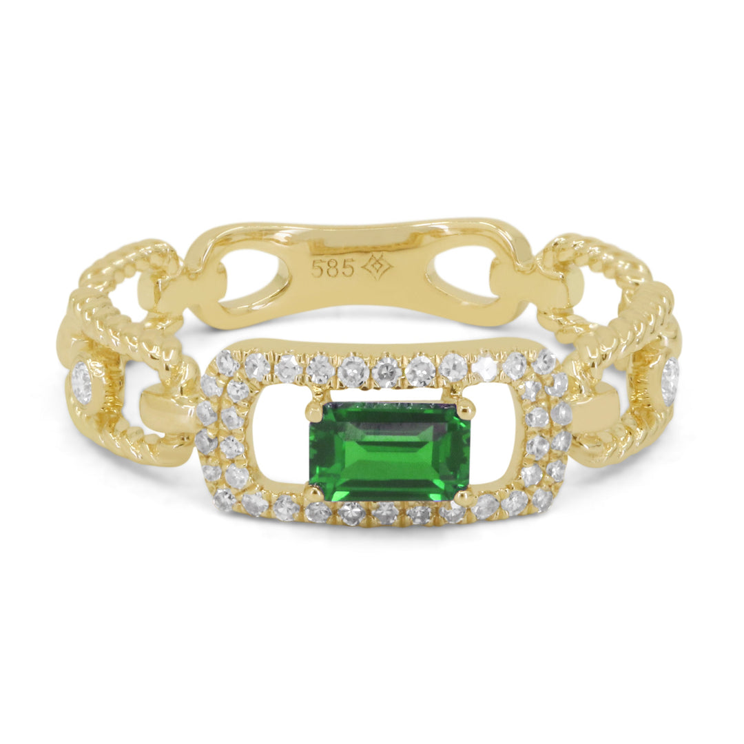 Beautiful Hand Crafted 14K Yellow Gold 3X5MM Green Garnet And Diamond Essentials Collection Ring