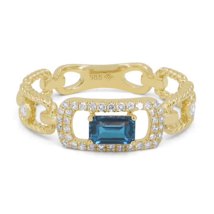Beautiful Hand Crafted 14K Yellow Gold 3X5MM London Blue Topaz And Diamond Essentials Collection Ring