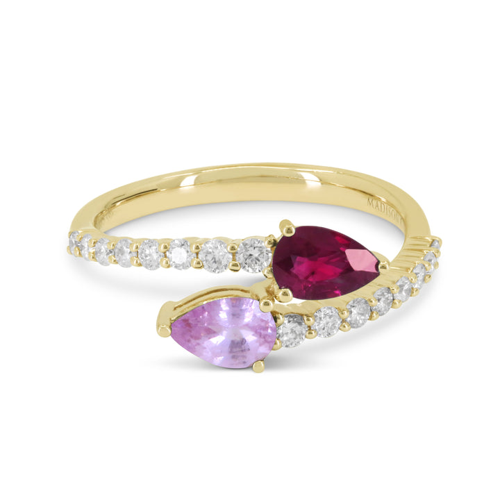 Beautiful Hand Crafted 14K Yellow Gold 4X6MM Ruby & Pink Sapphire And Diamond Arianna Collection Ring