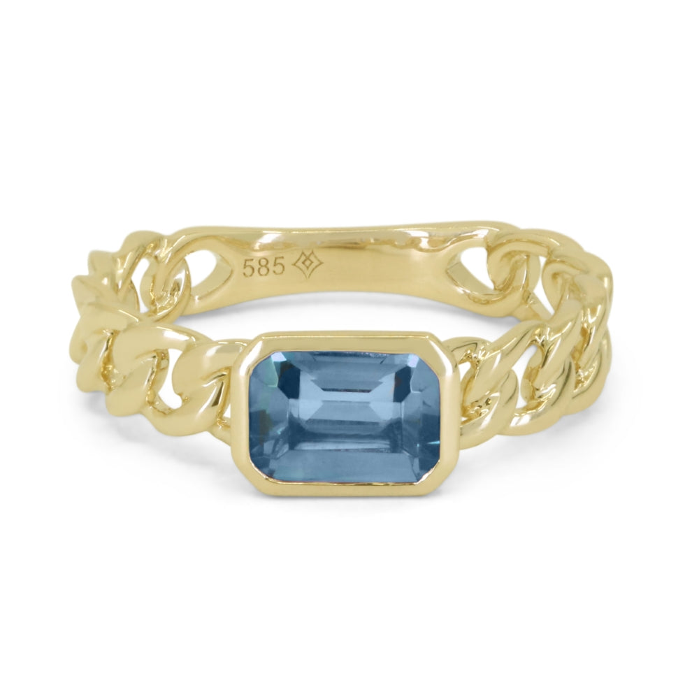 Beautiful Hand Crafted 14K Yellow Gold 5X7MM Blue Topaz And Diamond Essentials Collection Ring