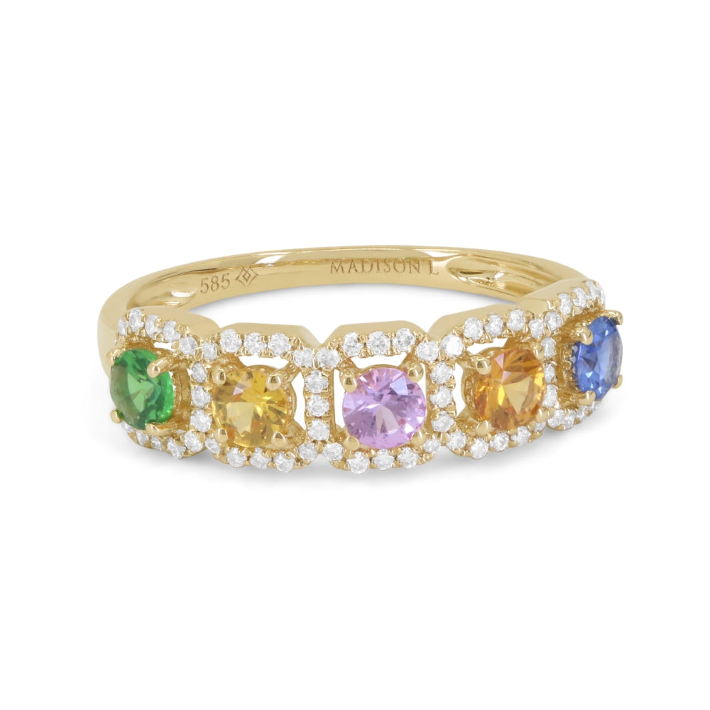 Beautiful Hand Crafted 14K Yellow Gold 3X4MM Multi Colored Sapphire And Diamond Arianna Collection Ring