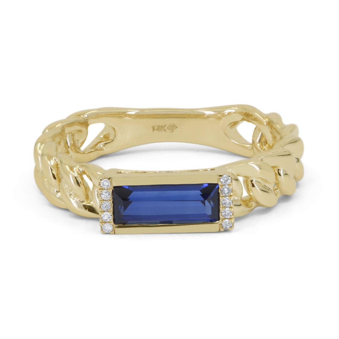 Beautiful Hand Crafted 14K Yellow Gold 3X8MM Created Sapphire And Diamond Essentials Collection Ring