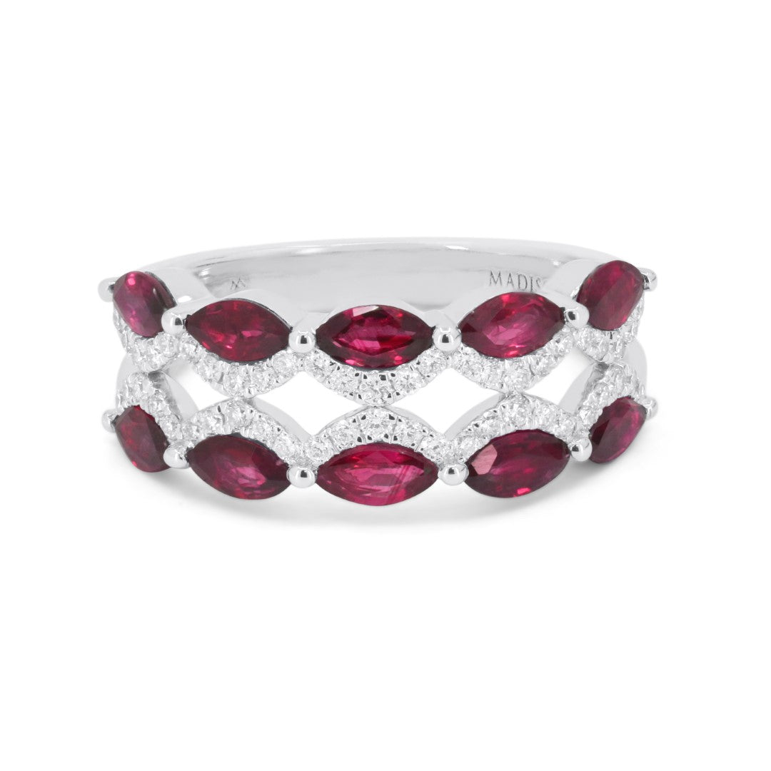 Beautiful Hand Crafted 14K White Gold 3X5MM Ruby And Diamond Arianna Collection Ring