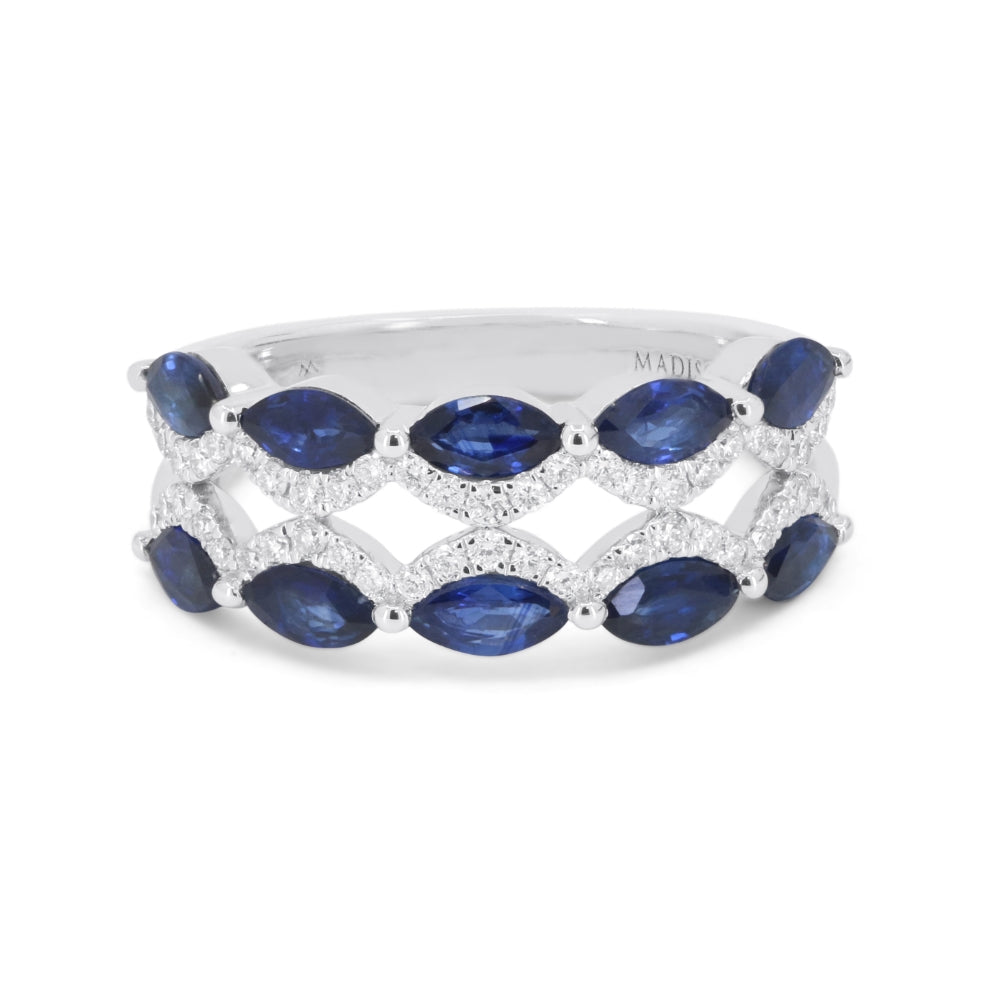 Beautiful Hand Crafted 14K White Gold 3X5MM Sapphire And Diamond Arianna Collection Ring