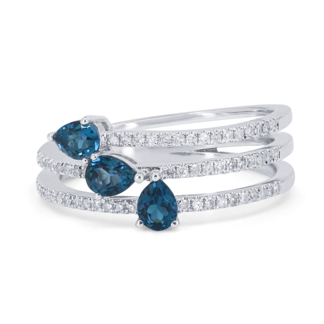 Beautiful Hand Crafted 14K White Gold 3X4MM London Blue Topaz And Diamond Essentials Collection Ring