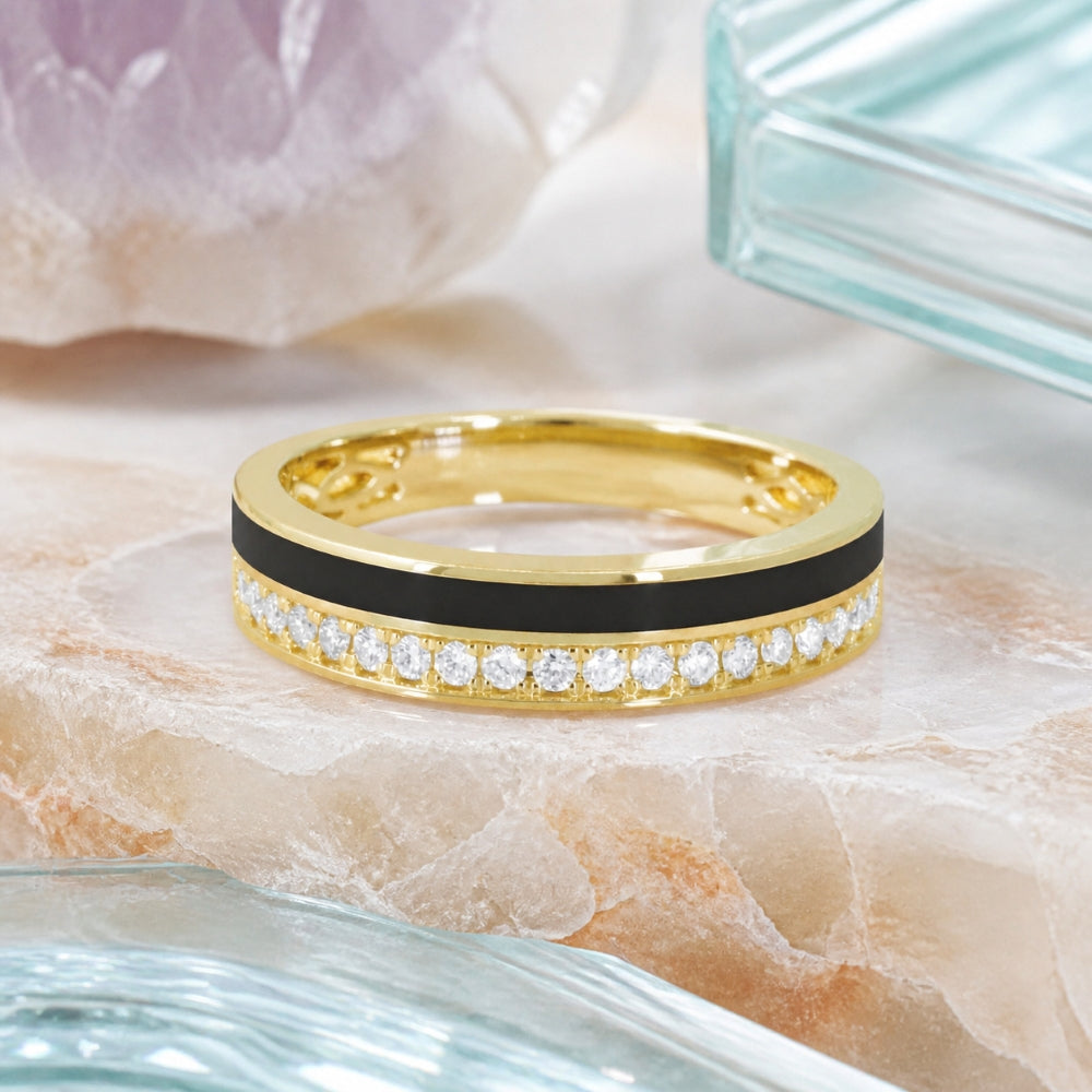 R1846 - 14K Yellow Gold Black Enamel, Orange Enamel & Turquoise Ring