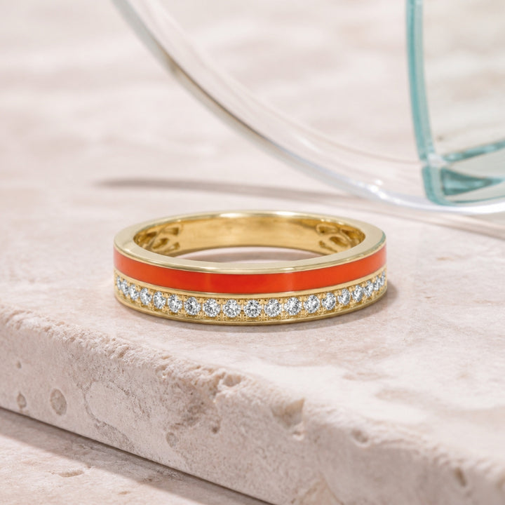 R1846 - 14K Yellow Gold Black Enamel, Orange Enamel & Turquoise Ring