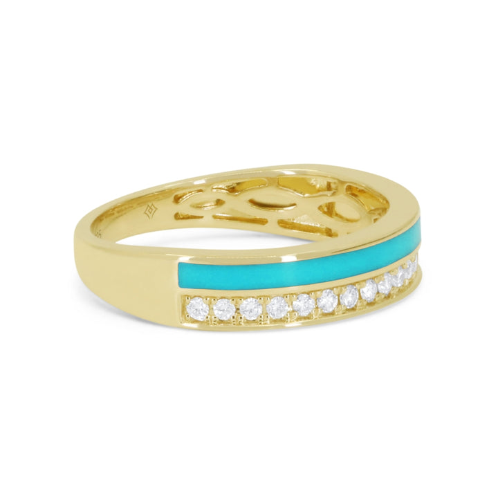 R1846 - 14K Yellow Gold Black Enamel, Orange Enamel & Turquoise Ring
