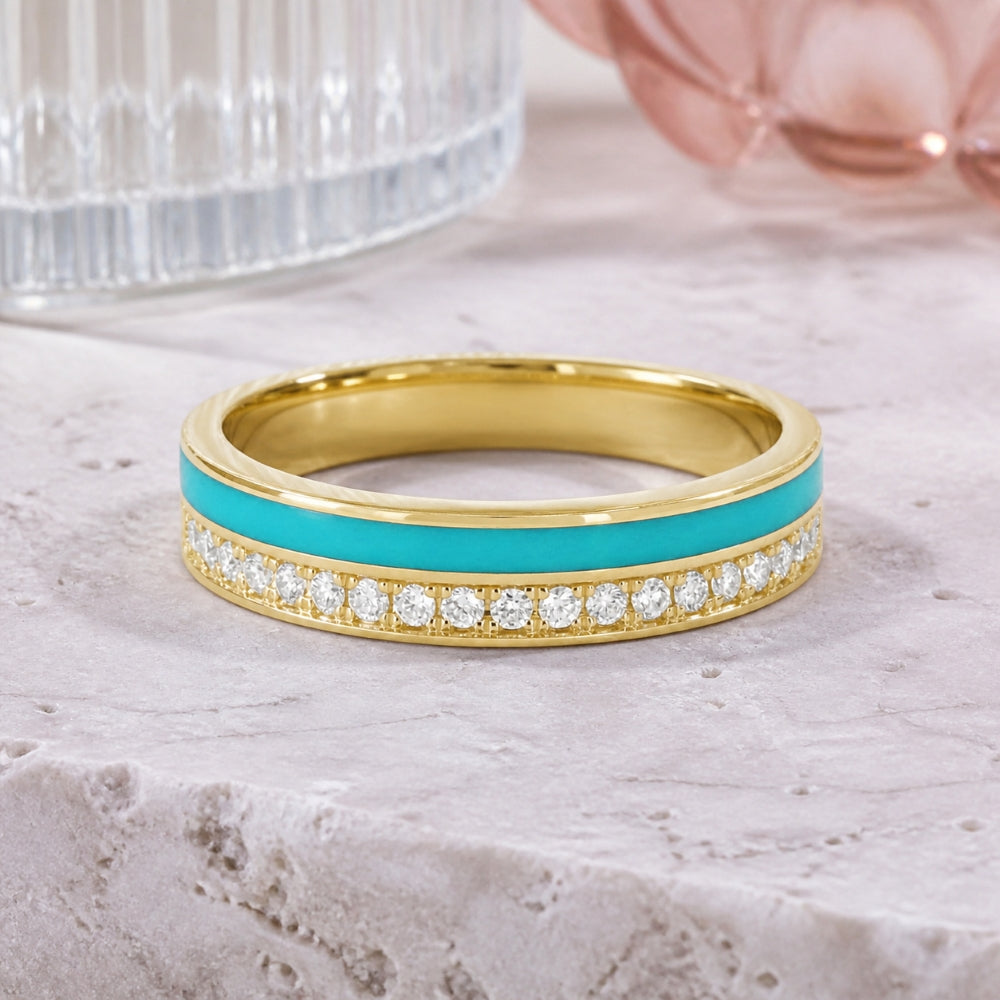 R1846 - 14K Yellow Gold Black Enamel, Orange Enamel & Turquoise Ring