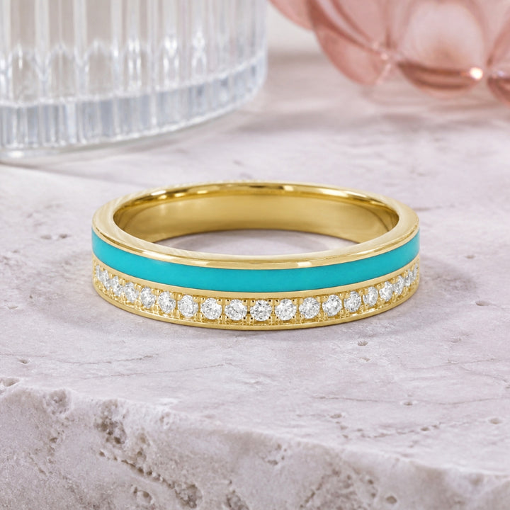 R1846 - 14K Yellow Gold Black Enamel, Orange Enamel & Turquoise Ring
