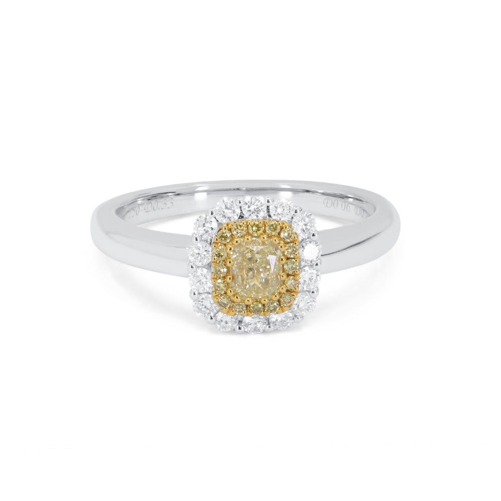Beautiful Hand Crafted 18K White Gold  Fancy Yellow Diamond And Diamond Milano Collection Ring