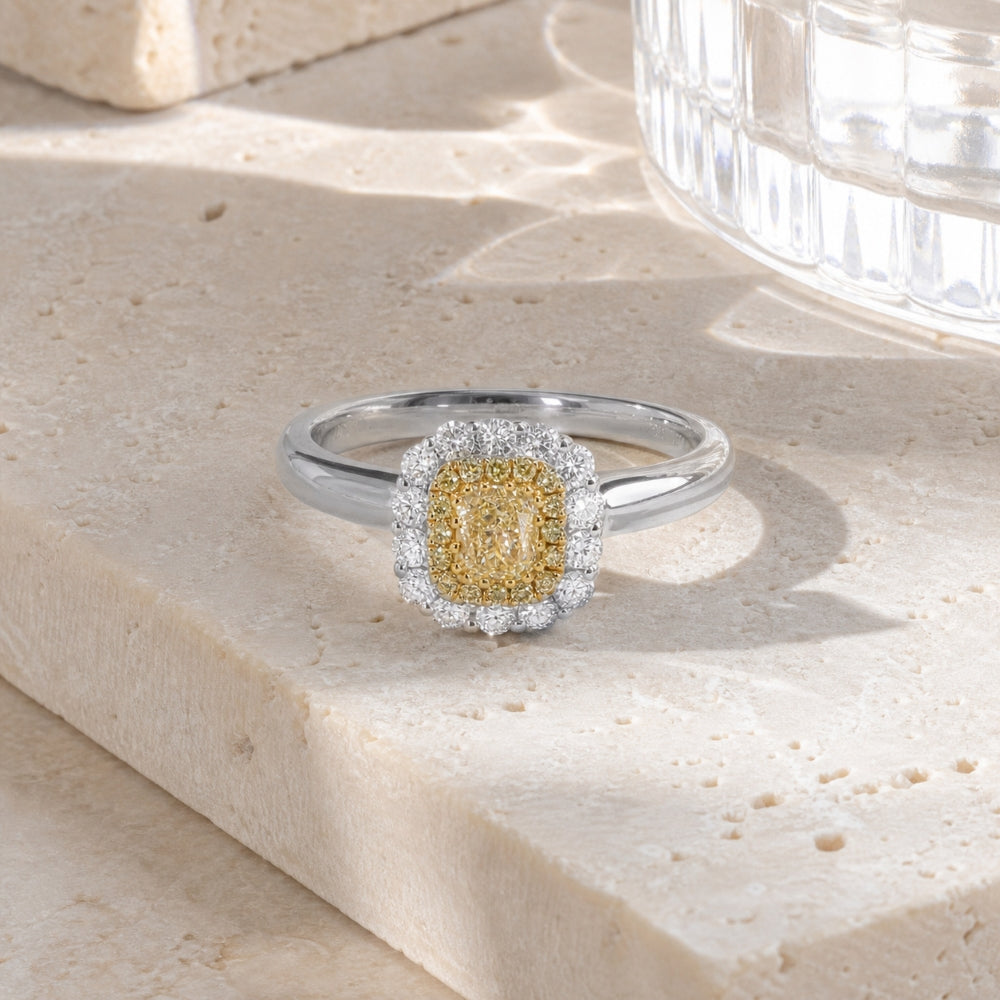 R1856 - 18K White Gold Fancy Yellow Diamond Cushion Ring