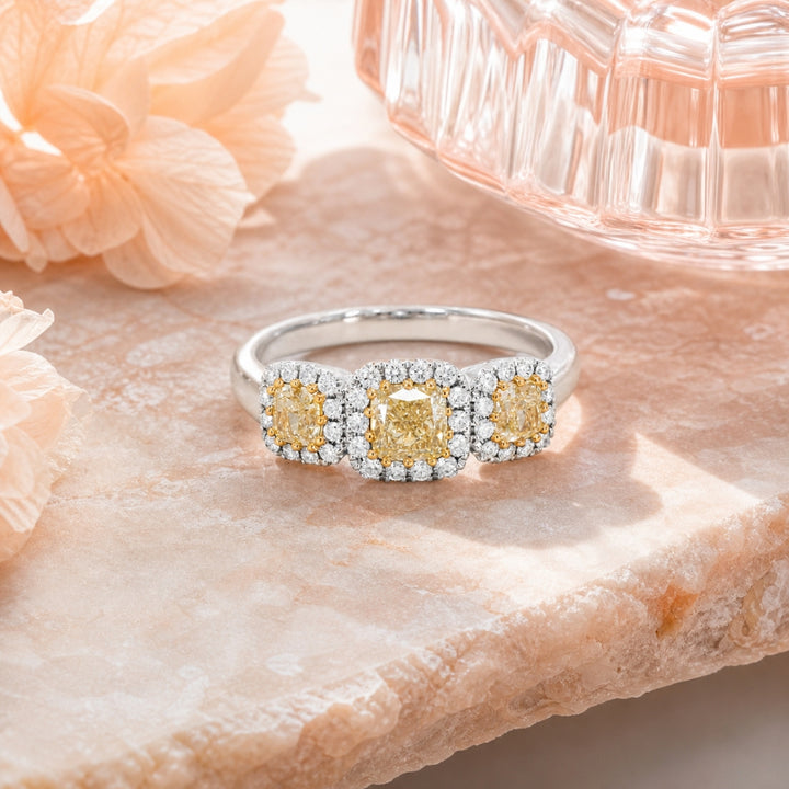 R1857 - 18K White Gold Fancy Yellow Diamond Cushion Ring