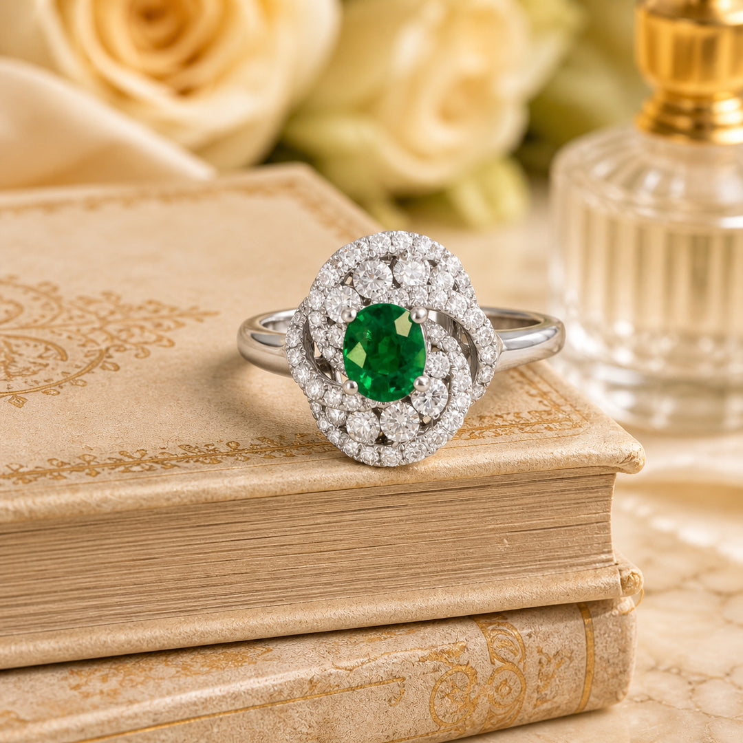 R1860 - 14K White Gold Emerald, Ruby & Sapphire Ring