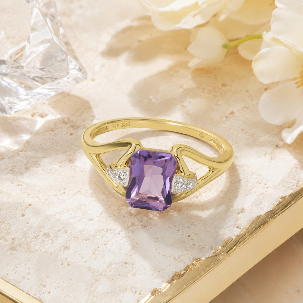 R1886 - 14K Yellow Gold Amethyst, Swiss Blue Topaz & White Topaz Ring
