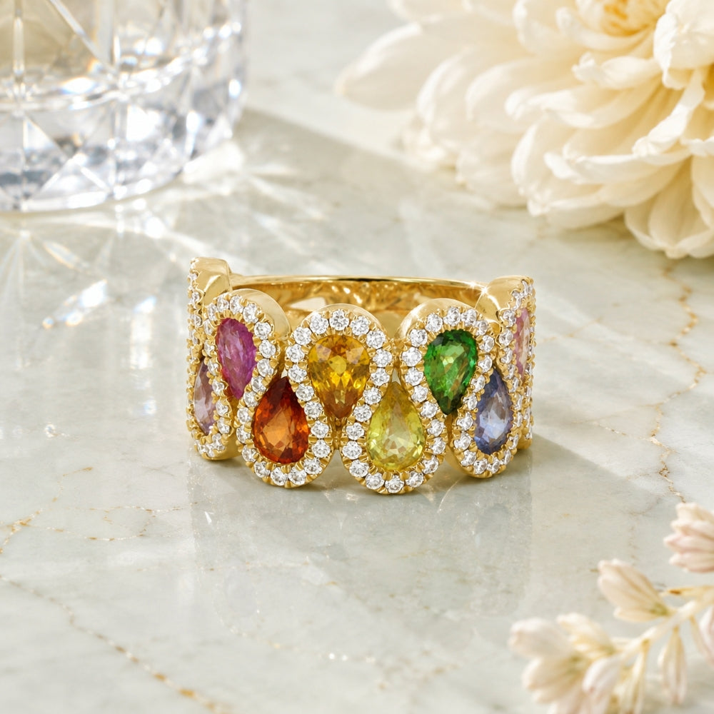 R1900 - 14K Gold Multi Colored Sapphire & Sapphire Ring
